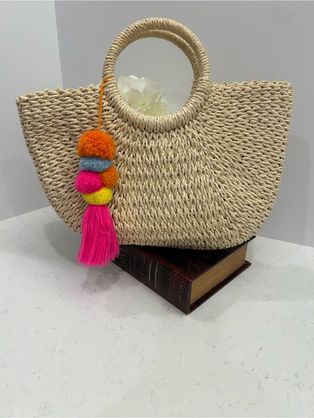 Straw Circle Handle Tote Bag with Hot Pink Pom Tassel